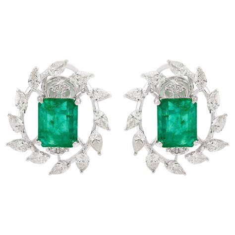 Natural Emerald Gemstone Pear Stud Earrings Diamond 18 Karat White Gold ...