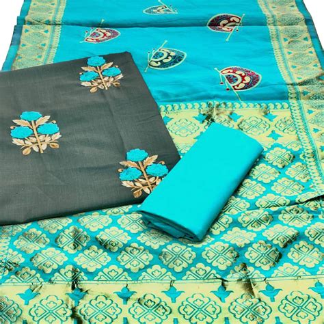 Exotic Olive Green Colored Casual Wear Embroidered Cotton Dress Materi