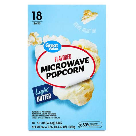 Great Value Light Butter Flavored Microwave Popcorn, 18 count, 2.03 oz ...