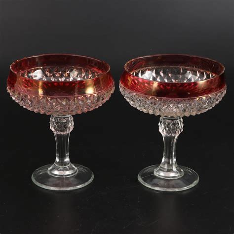 Indiana Glass "Diamond Point" Ruby Flashed Glass Compote, Serving Bowls ...