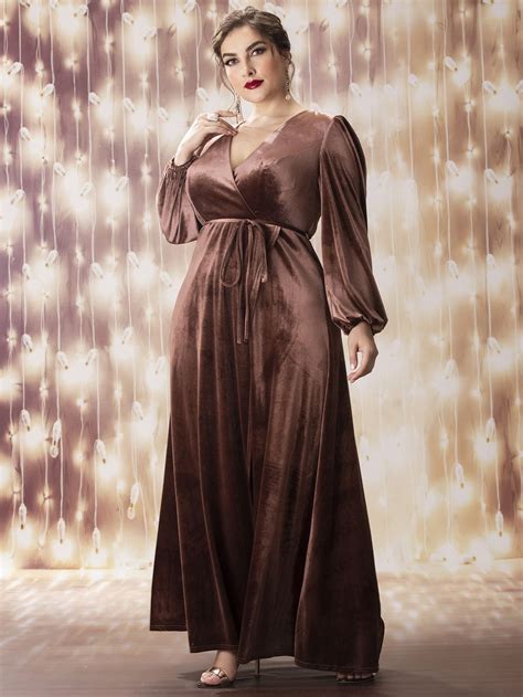 Plus Surplice Neck Lantern Sleeve Belted Velvet Dress | Velvet dress ...