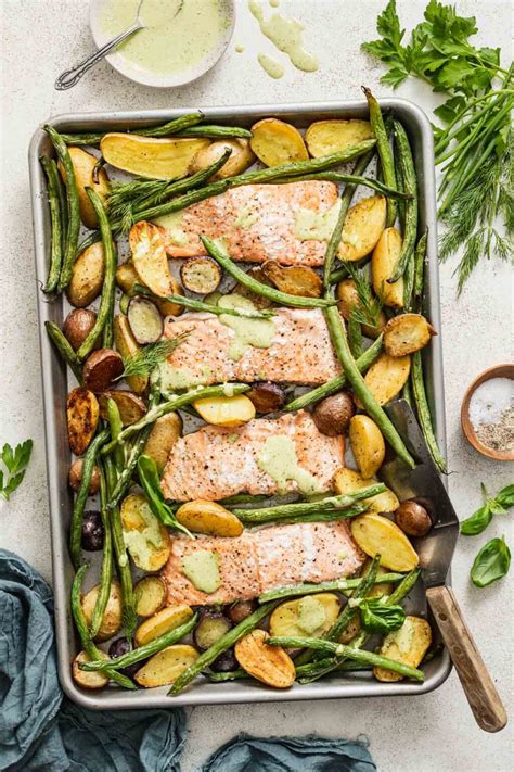 Sheet Pan Salmon and Green Beans with Potatoes - The Dizzy Cook