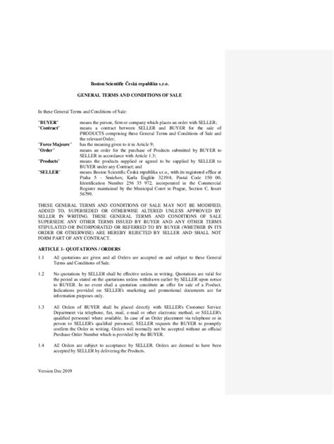 Fillable Online Boston Scientific GENERAL TERMS AND CONDITIONS OF SALE ...