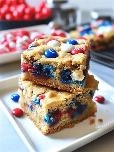 Easy Patriotic Red White & Blue M&M Cookie Bars Recipe