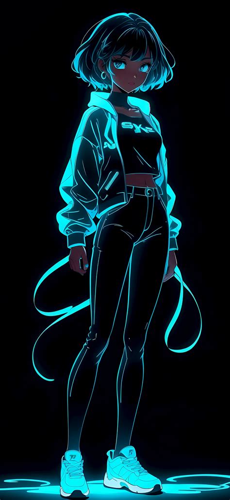 Neon Wallpaper 4K, Anime girl, Black background