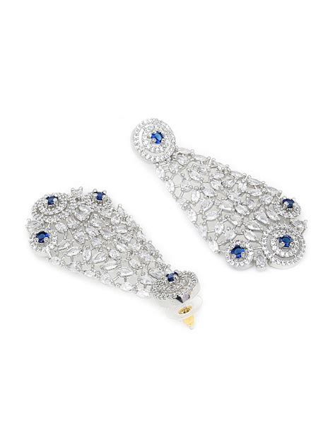 Silver-Plated White & Blue American Diamond Studded Jewellery Set