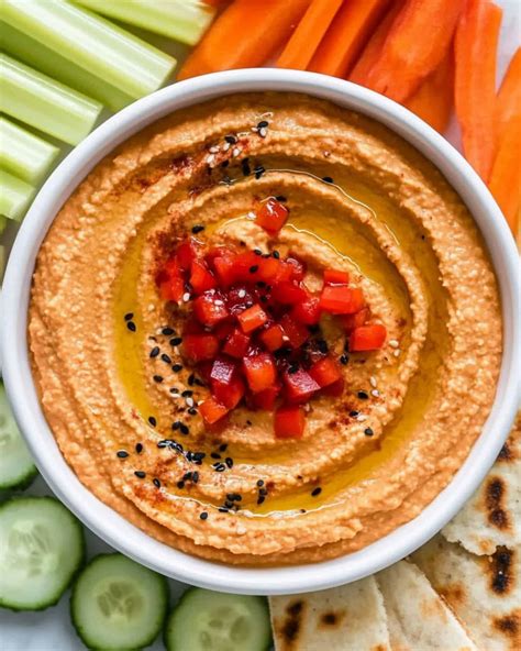 Roasted Red Pepper Hummus Recipe - YummyHere
