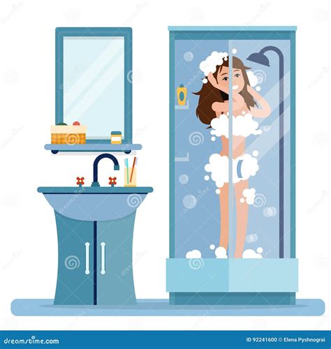 Woman takes a shower. stock vector. Illustration of cartoon - 92241600