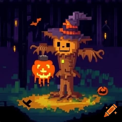 Pixel art scene featuring jack's lamp and scarecrow for halloween on ...
