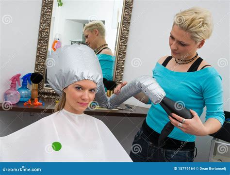 Woman with Soft Bonnet Hair Dryer Stock Photo - Image of clean, blue ...