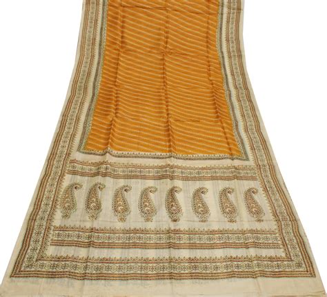 Sushila Vintage Mustard Saree 100% Pure Silk Printed Indian Soft Craft