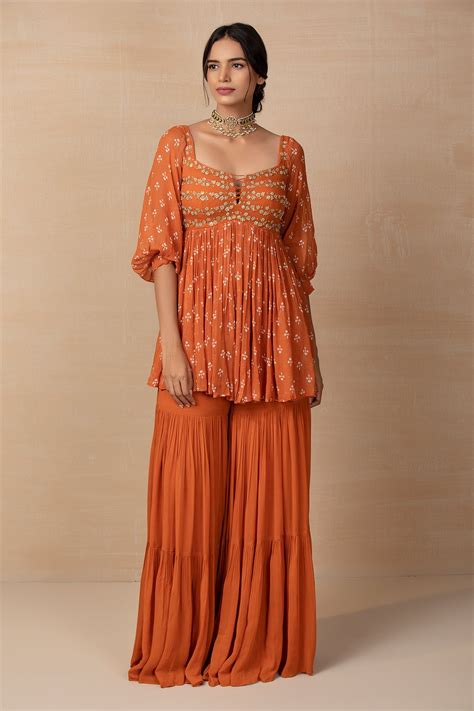 Rust Printed And Embroidered Sharara Set
