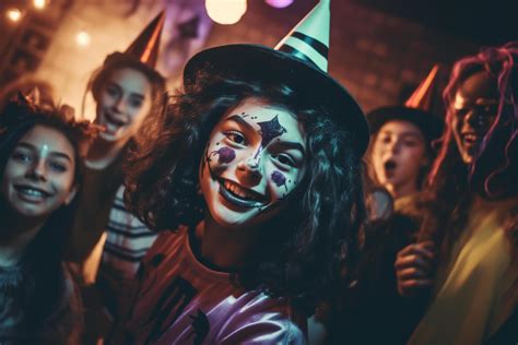 Teenagers friends in costumes celebrating and having fun at halloween ...