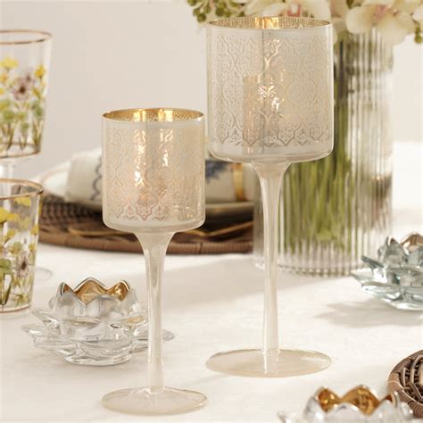 Shop Set of 2 Pearl and Gold Patterned Stem Glass Candle Holders - at ...