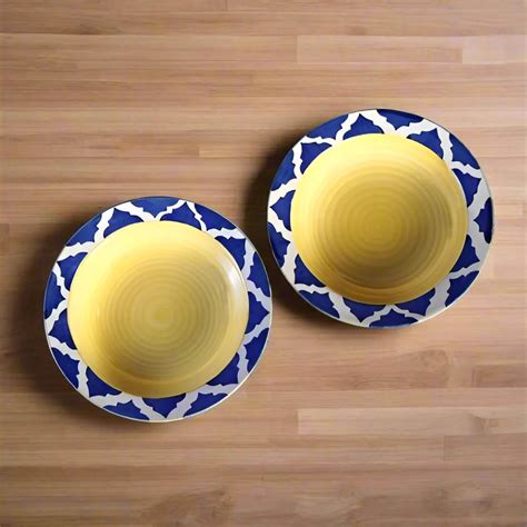 Ikkasa Ceramic Soup & Pasta Plate Set - 7 inch Umrao Pattern, Blue & White