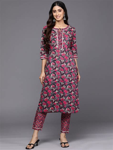 Buy Grey Printed Cotton Straight Kurta Set With Trousers Online at $24. ...