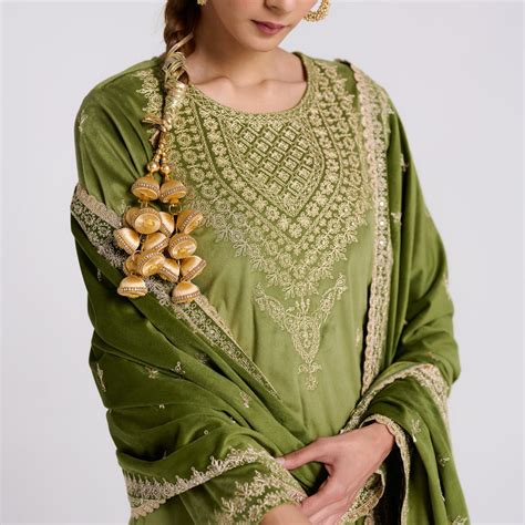 Buy Olive Embroidered Gulzaar Velvet Set with Dupatta | Rustorange