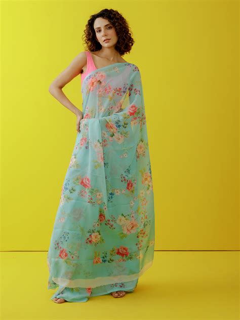 Mint green floral saree set – thesilkstory