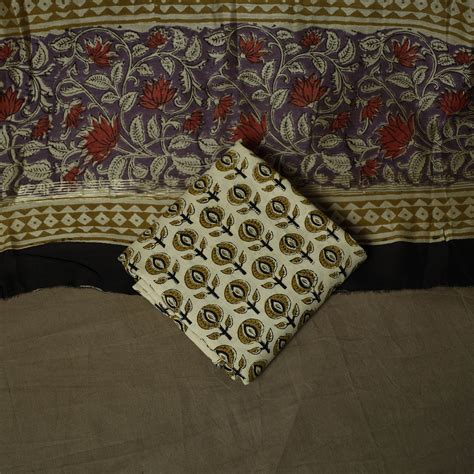Purple Maheshwari Silk Hand Block Bagru Print 3pc Unstitched Dress ...