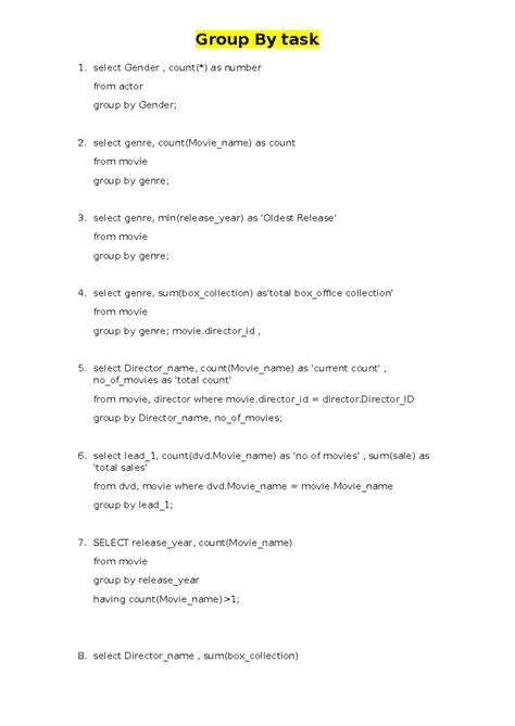 Group By Task - Group By task 1. select Gender , count(*) as number ...