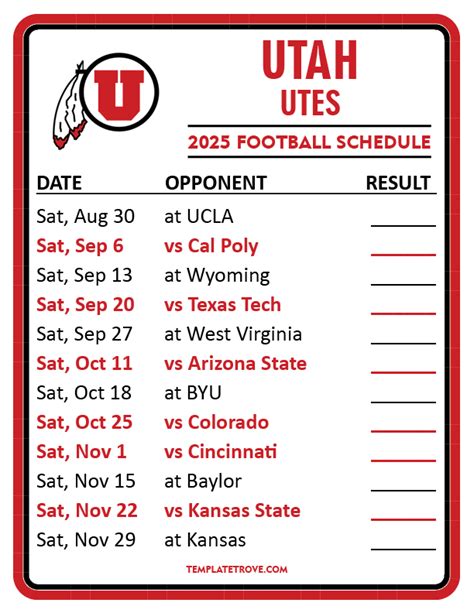 Printable 2025 Utah Utes Football Schedule