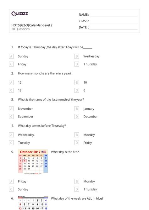 50+ Days, Weeks, and Months on a Calendar worksheets for 2nd Class on ...