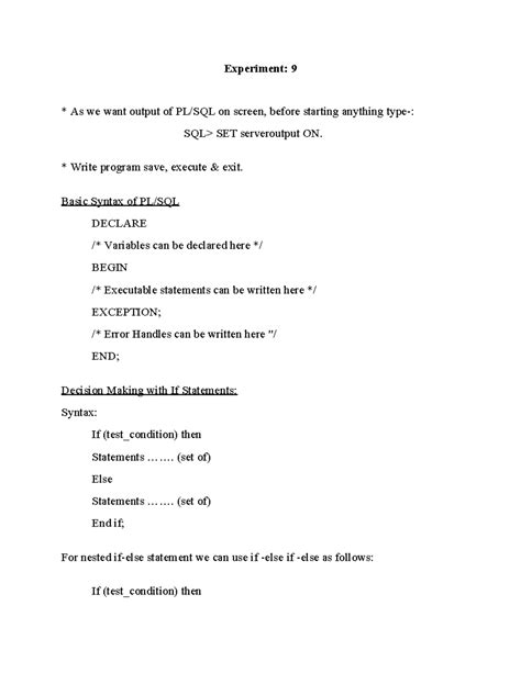 DBMS Lab(9-15) - Experiment: 9 As we want output of PL/SQL on screen ...