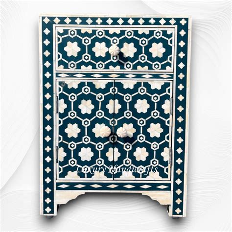 Flower Bone Inlay 1 Drawer 2 Door Bedside Table Teal Green – Luxury ...