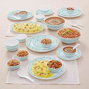 Larah By Borosil Moon Blue Nova Dinner Set- 33 Pcs, Opal Glass Dinner ...