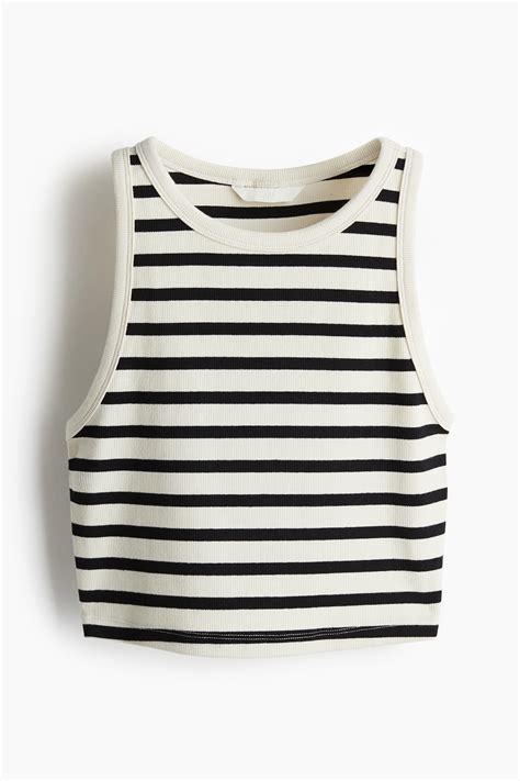 Women's Cream/Black striped Cropped ribbed vest top | H&M IN