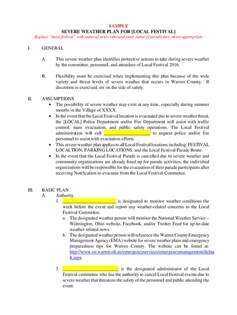 Fillable Online SAMPLE SEVERE WEATHER PLAN Fax Email Print - pdfFiller