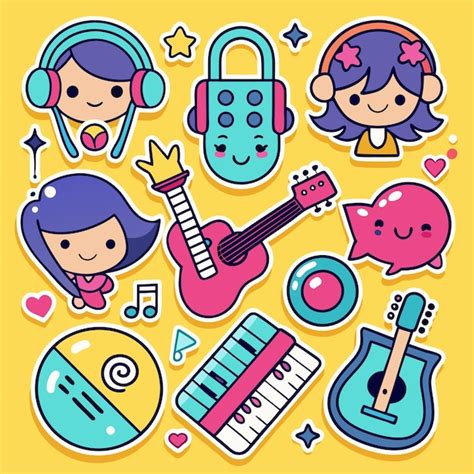 Cute cartoon music stickers with girl character and musical instruments ...