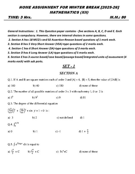 HOME ASSIGNMENT FOR WINTER BREAK MATHEMATICS (XII) - SET 1 & 2 - Studocu