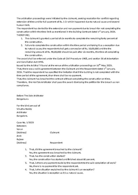 Arbitration Agreement: Case No. Between Varun & Rajeev on Construction ...