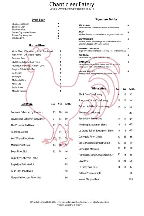 Drink Menu - Chanticleer Eatery Grayton Beach, Fl