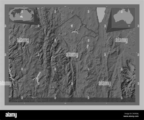 Australian Capital Territory, territory of Australia. Grayscale elevation map with lakes and ...