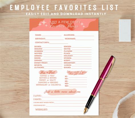 Employee Favorite Things List Printable, Coworker Things Questionnaire ...