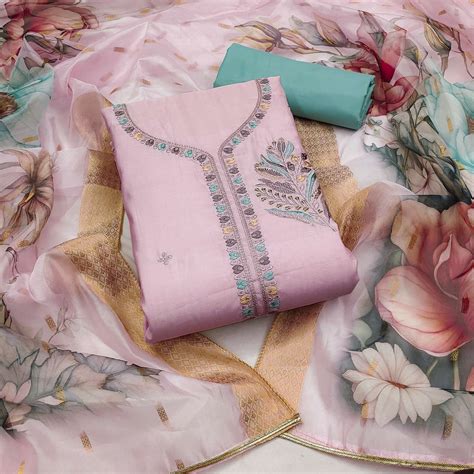 Light Pink Floral Embroidered Cotton Silk Dress Material