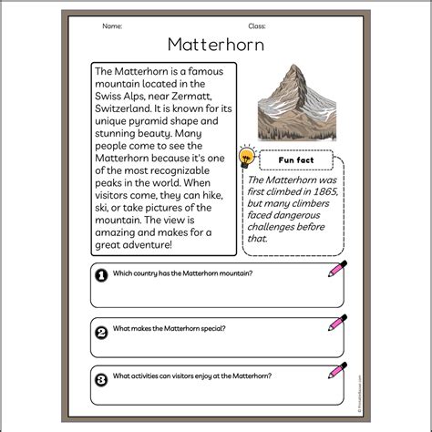 Matterhorn | Reading Passage Comprehension Questions Writing Facts Wor ...