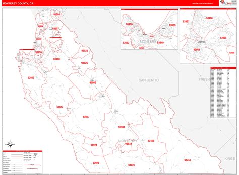 Monterey County, CA Zip Code Wall Map Red Line Style by MarketMAPS - MapSales
