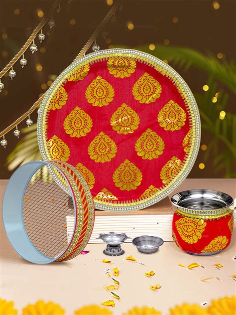 Buy | Red & Gold-Coloured Designer Karwachauth Pooja Thali Set | Tied ...