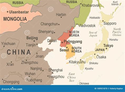 North Korea South Korea Japan China Russia Mongolia Map - Vintage Vector Illustration Stock ...
