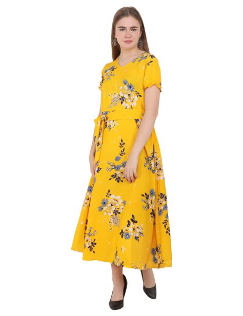 Emeros Puff Sleeve Floral Print Tie-Waist Yellow Midi Dress