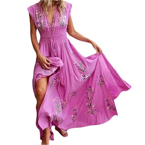 Women Sleeveless V-neck Long Smocked Bohemian Mexican Style Flower ...
