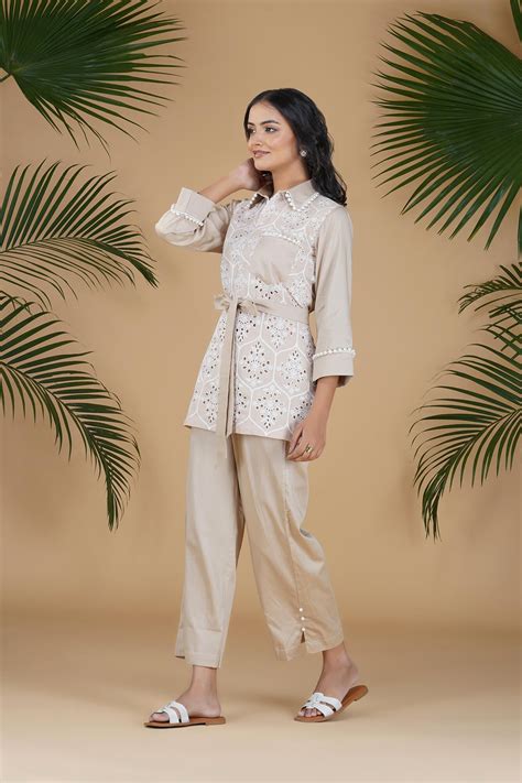 Light Taupe MARBELLA Co-ord Set With Pearl Detailing & Belt