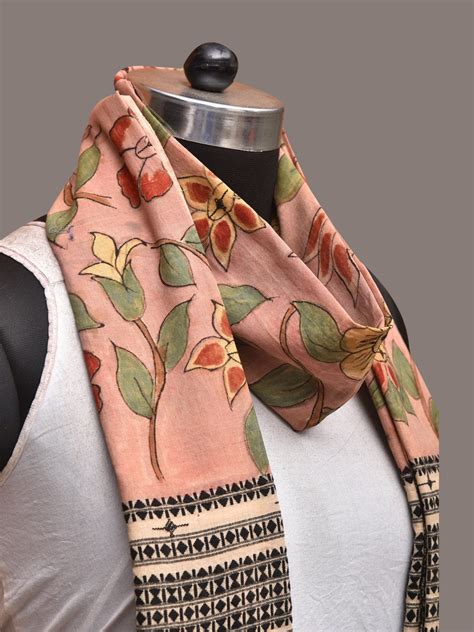 Peach Kalamkari Hand Painted Cotton Bhujodi Handloom Dupatta with Flor ...