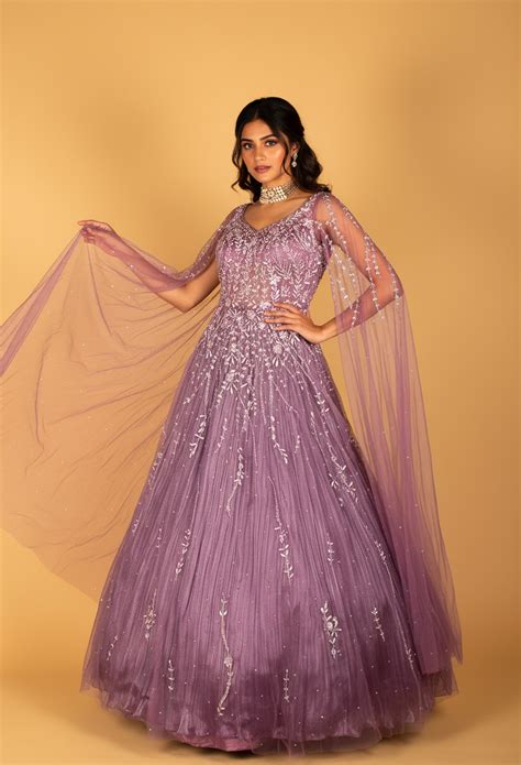 Lavender Embellished Ball Gown with Sheer Embroidered Sleeves & Layere