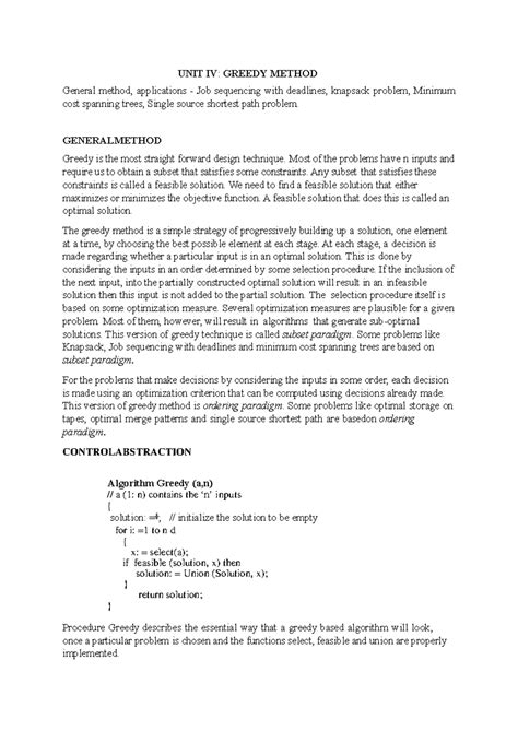 DAA UNIT IV - Greedy Method Overview and Key Algorithms - Studocu