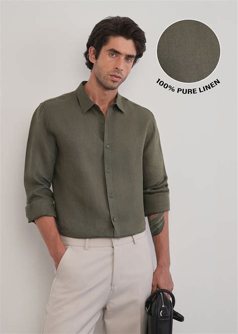 100% Pure Linen Olive Green Plain Shirt