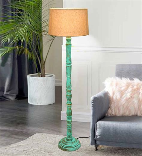Buy Rustic Wood Floor Lamp, Walnut Brown with Multicolor Fabric Shade ...